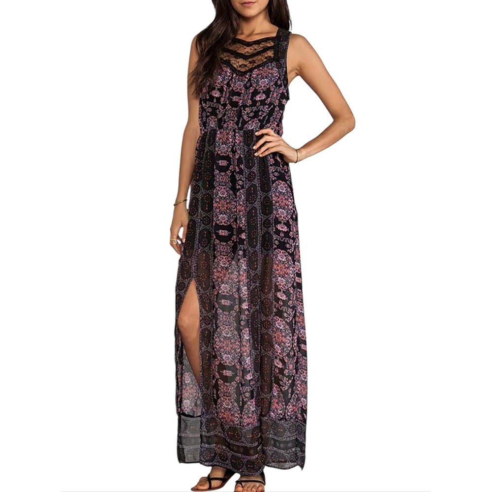 Free People Moroccan Print Lace Maxi Dress size 0 Black paisley Boho whimsigoth